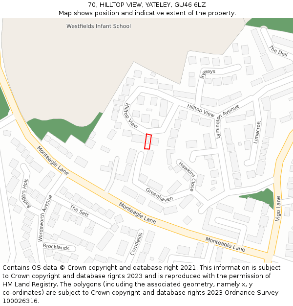 70, HILLTOP VIEW, YATELEY, GU46 6LZ: Location map and indicative extent of plot