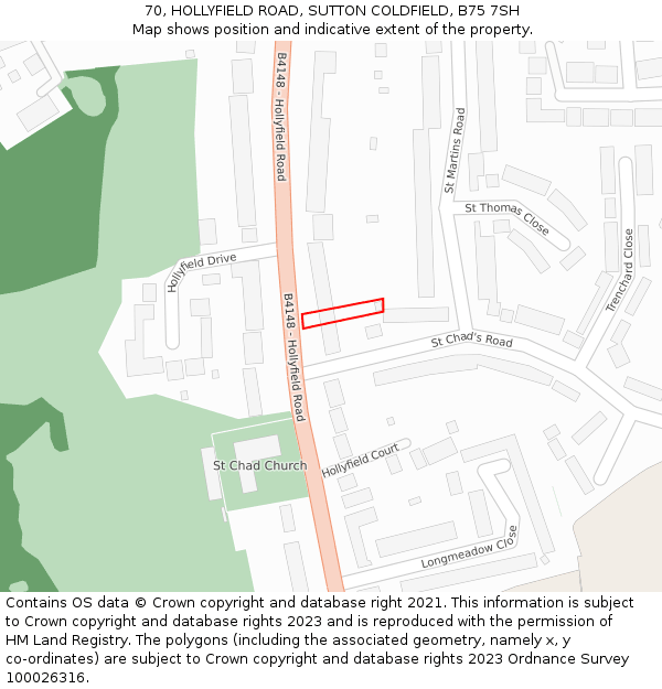 70, HOLLYFIELD ROAD, SUTTON COLDFIELD, B75 7SH: Location map and indicative extent of plot
