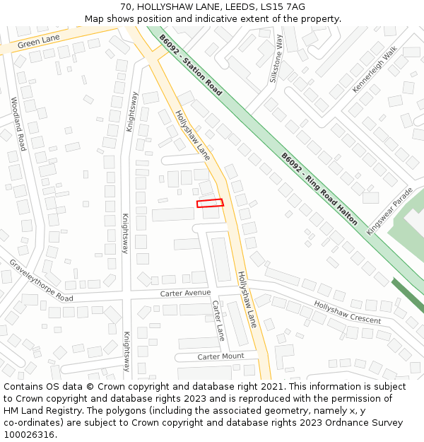 70, HOLLYSHAW LANE, LEEDS, LS15 7AG: Location map and indicative extent of plot