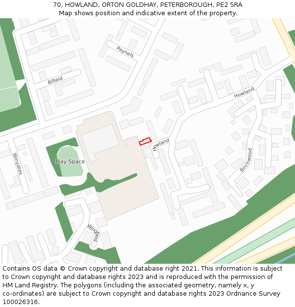 70, HOWLAND, ORTON GOLDHAY, PETERBOROUGH, PE2 5RA: Location map and indicative extent of plot