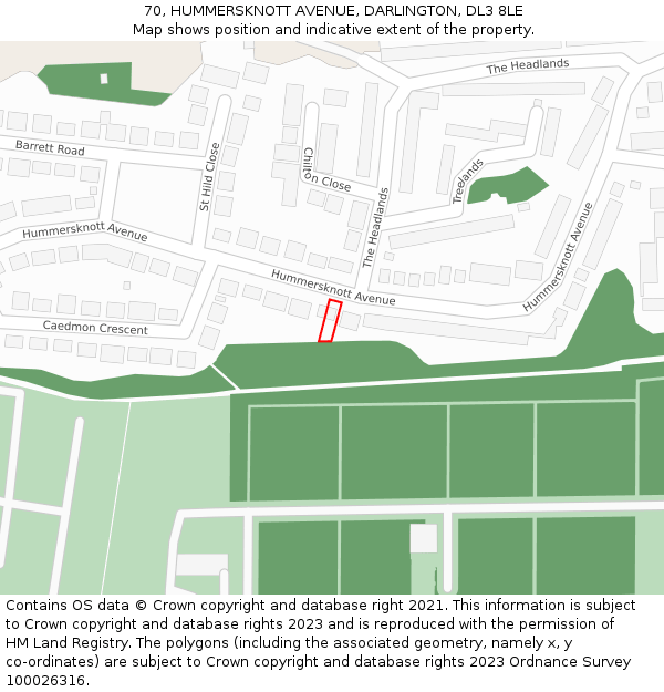 70, HUMMERSKNOTT AVENUE, DARLINGTON, DL3 8LE: Location map and indicative extent of plot