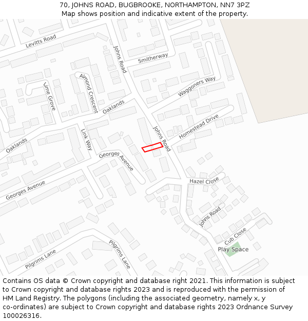 70, JOHNS ROAD, BUGBROOKE, NORTHAMPTON, NN7 3PZ: Location map and indicative extent of plot