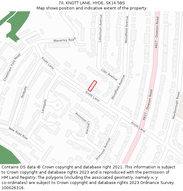 70, KNOTT LANE, HYDE, SK14 5BS: Location map and indicative extent of plot