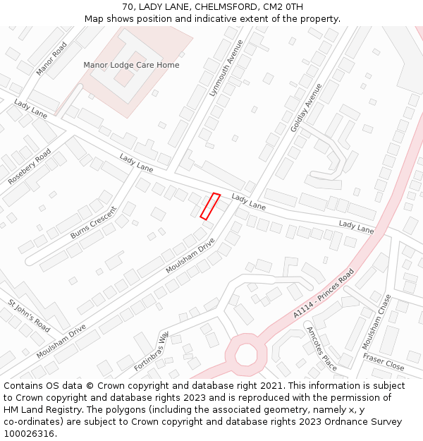 70, LADY LANE, CHELMSFORD, CM2 0TH: Location map and indicative extent of plot