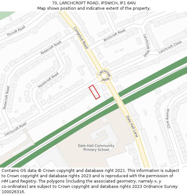 70, LARCHCROFT ROAD, IPSWICH, IP1 6AN: Location map and indicative extent of plot