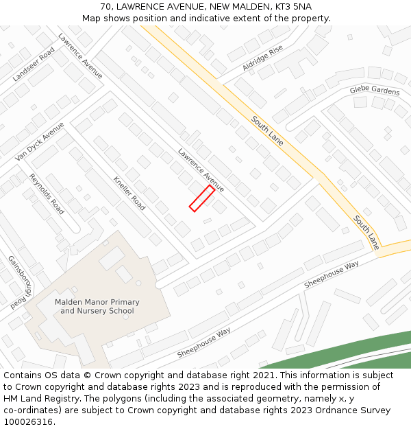 70, LAWRENCE AVENUE, NEW MALDEN, KT3 5NA: Location map and indicative extent of plot