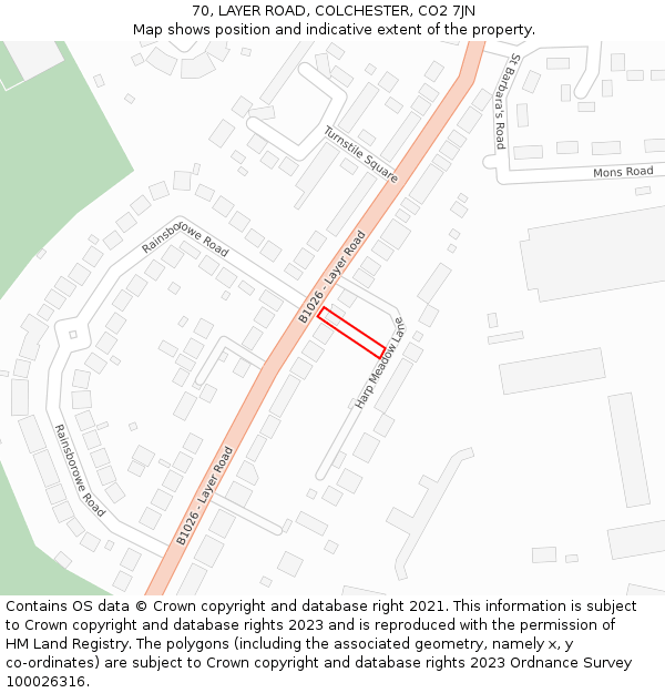 70, LAYER ROAD, COLCHESTER, CO2 7JN: Location map and indicative extent of plot