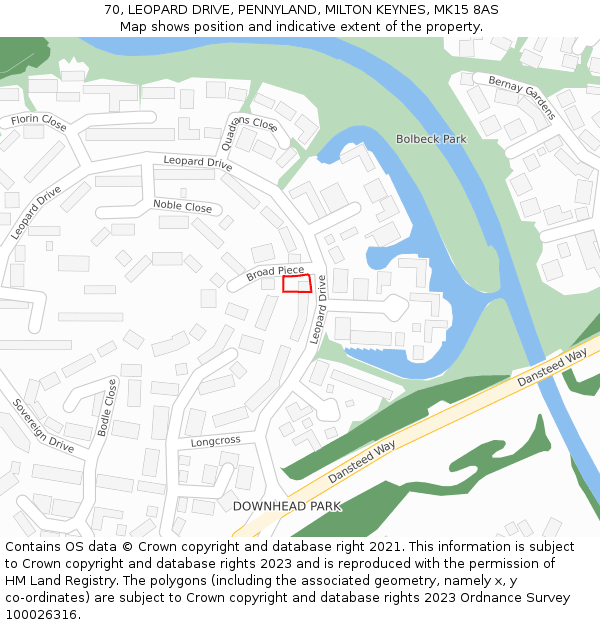 70, LEOPARD DRIVE, PENNYLAND, MILTON KEYNES, MK15 8AS: Location map and indicative extent of plot