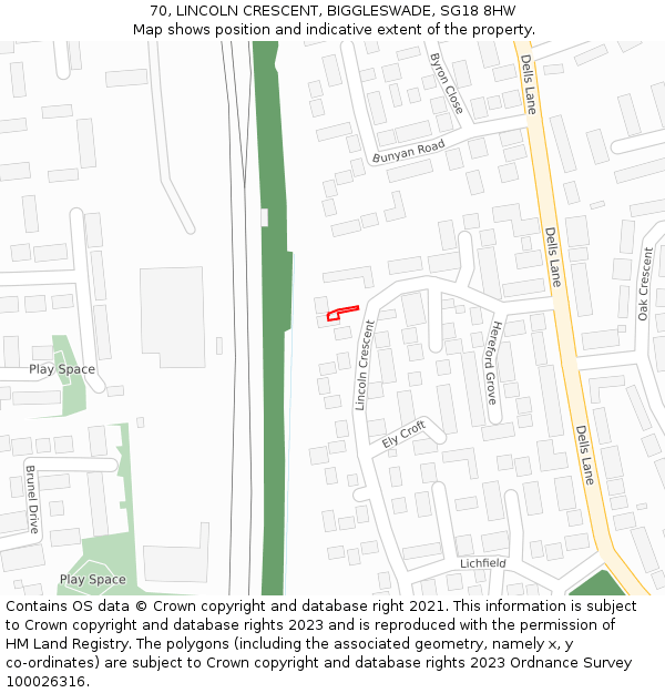 70, LINCOLN CRESCENT, BIGGLESWADE, SG18 8HW: Location map and indicative extent of plot