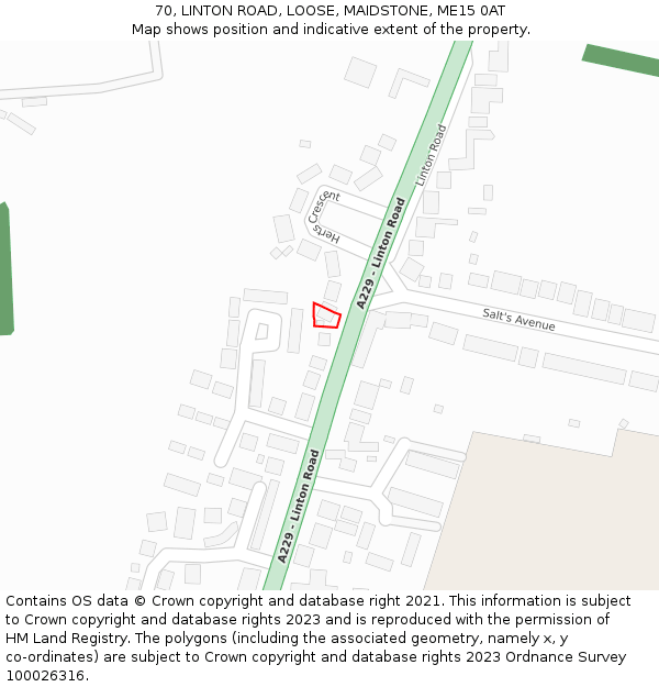70, LINTON ROAD, LOOSE, MAIDSTONE, ME15 0AT: Location map and indicative extent of plot