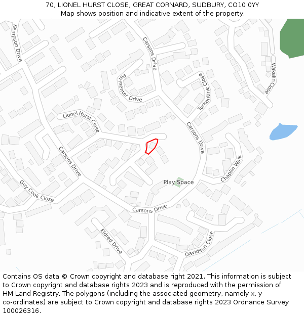 70, LIONEL HURST CLOSE, GREAT CORNARD, SUDBURY, CO10 0YY: Location map and indicative extent of plot