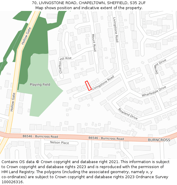 70, LIVINGSTONE ROAD, CHAPELTOWN, SHEFFIELD, S35 2UF: Location map and indicative extent of plot