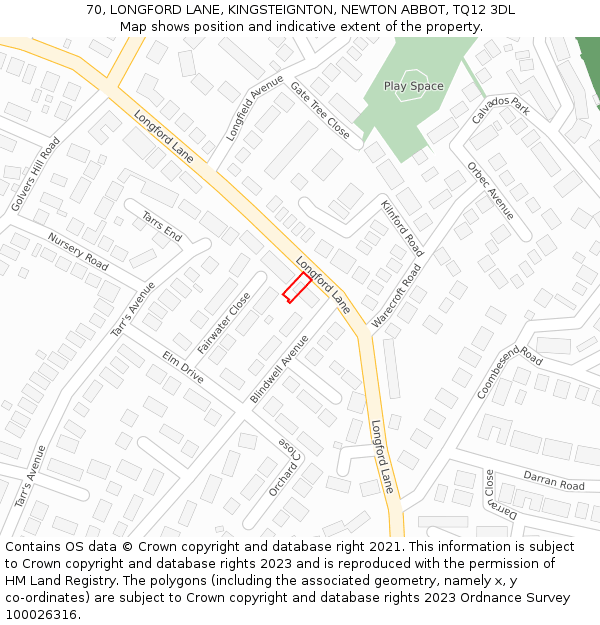 70, LONGFORD LANE, KINGSTEIGNTON, NEWTON ABBOT, TQ12 3DL: Location map and indicative extent of plot