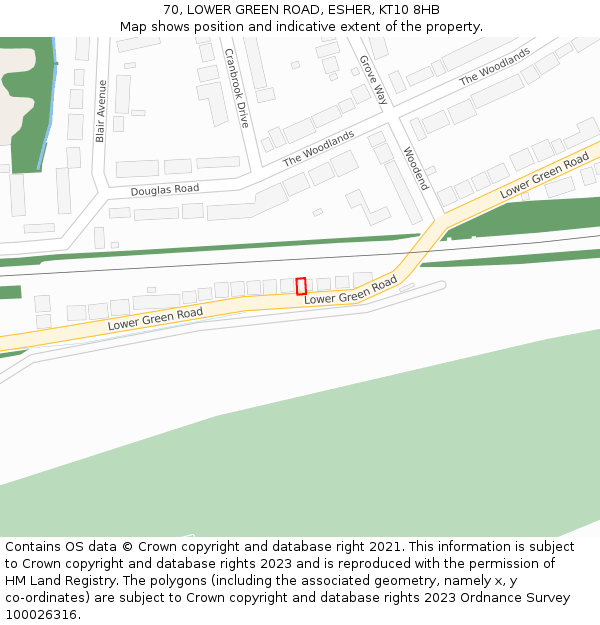 70, LOWER GREEN ROAD, ESHER, KT10 8HB: Location map and indicative extent of plot