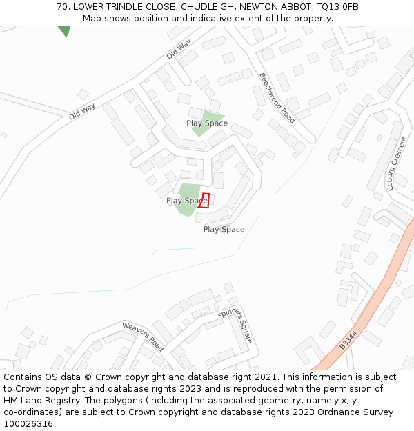 70, LOWER TRINDLE CLOSE, CHUDLEIGH, NEWTON ABBOT, TQ13 0FB: Location map and indicative extent of plot