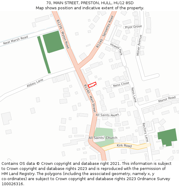 70, MAIN STREET, PRESTON, HULL, HU12 8SD: Location map and indicative extent of plot