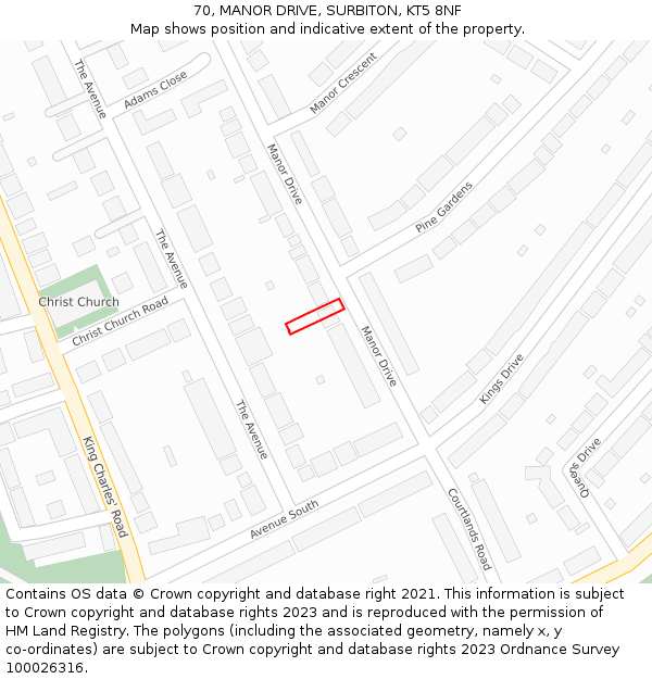 70, MANOR DRIVE, SURBITON, KT5 8NF: Location map and indicative extent of plot