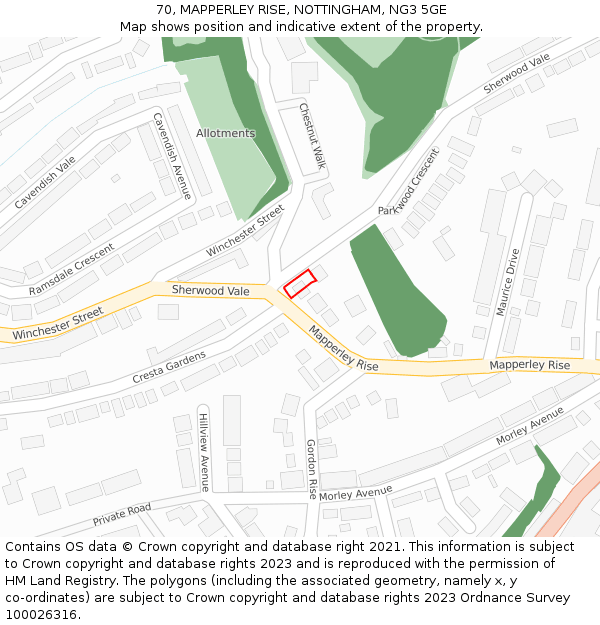 70, MAPPERLEY RISE, NOTTINGHAM, NG3 5GE: Location map and indicative extent of plot