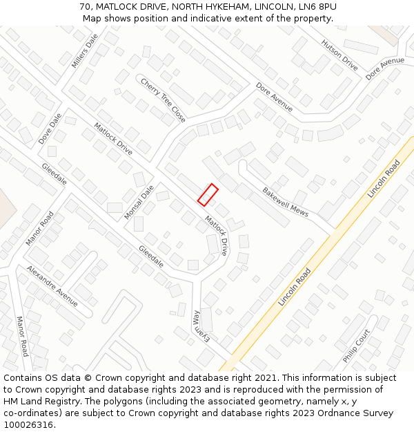 70, MATLOCK DRIVE, NORTH HYKEHAM, LINCOLN, LN6 8PU: Location map and indicative extent of plot