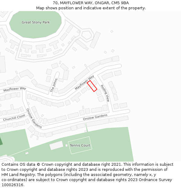 70, MAYFLOWER WAY, ONGAR, CM5 9BA: Location map and indicative extent of plot