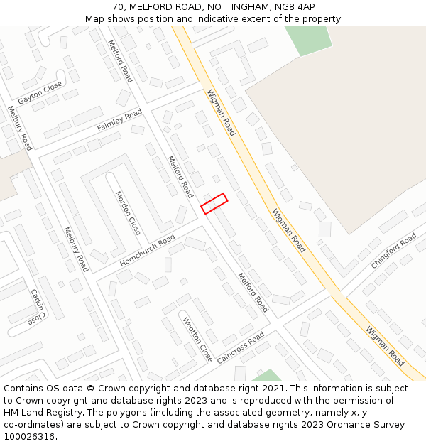 70, MELFORD ROAD, NOTTINGHAM, NG8 4AP: Location map and indicative extent of plot