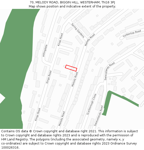 70, MELODY ROAD, BIGGIN HILL, WESTERHAM, TN16 3PJ: Location map and indicative extent of plot
