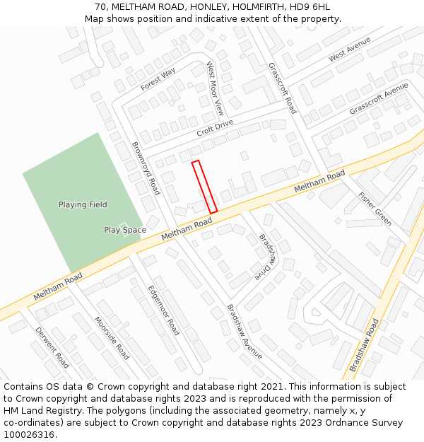 70, MELTHAM ROAD, HONLEY, HOLMFIRTH, HD9 6HL: Location map and indicative extent of plot