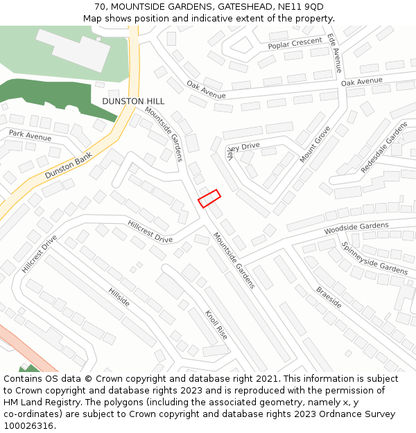 70, MOUNTSIDE GARDENS, GATESHEAD, NE11 9QD: Location map and indicative extent of plot