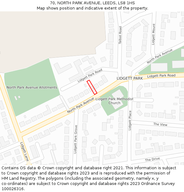70, NORTH PARK AVENUE, LEEDS, LS8 1HS: Location map and indicative extent of plot