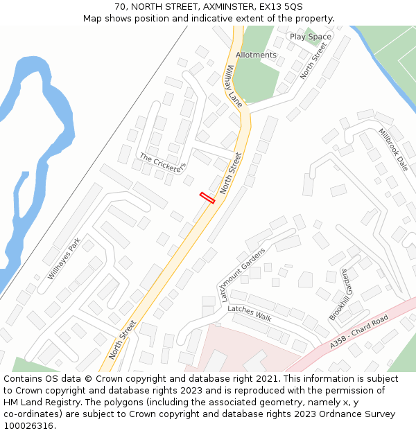70, NORTH STREET, AXMINSTER, EX13 5QS: Location map and indicative extent of plot