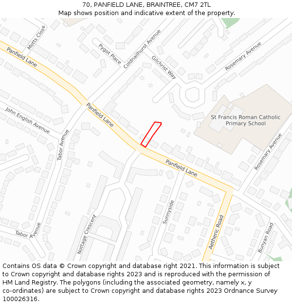 70, PANFIELD LANE, BRAINTREE, CM7 2TL: Location map and indicative extent of plot