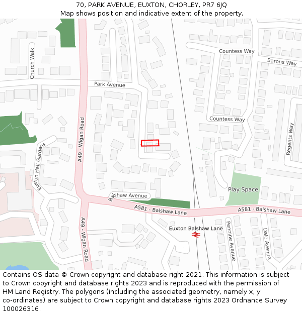 70, PARK AVENUE, EUXTON, CHORLEY, PR7 6JQ: Location map and indicative extent of plot