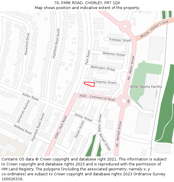 70, PARK ROAD, CHORLEY, PR7 1QX: Location map and indicative extent of plot