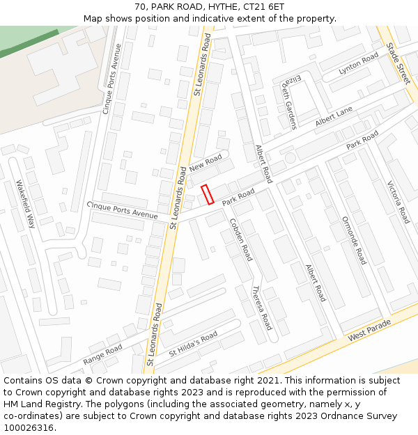 70, PARK ROAD, HYTHE, CT21 6ET: Location map and indicative extent of plot