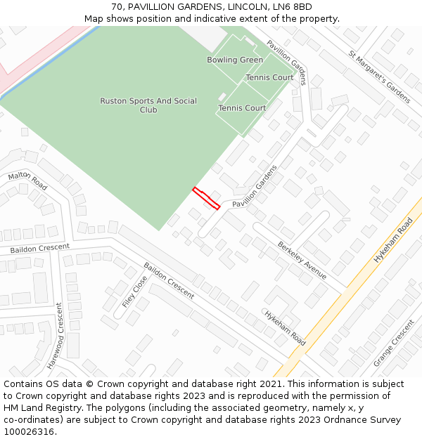 70, PAVILLION GARDENS, LINCOLN, LN6 8BD: Location map and indicative extent of plot