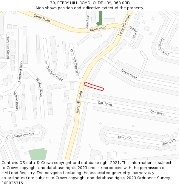 70, PERRY HILL ROAD, OLDBURY, B68 0BB: Location map and indicative extent of plot