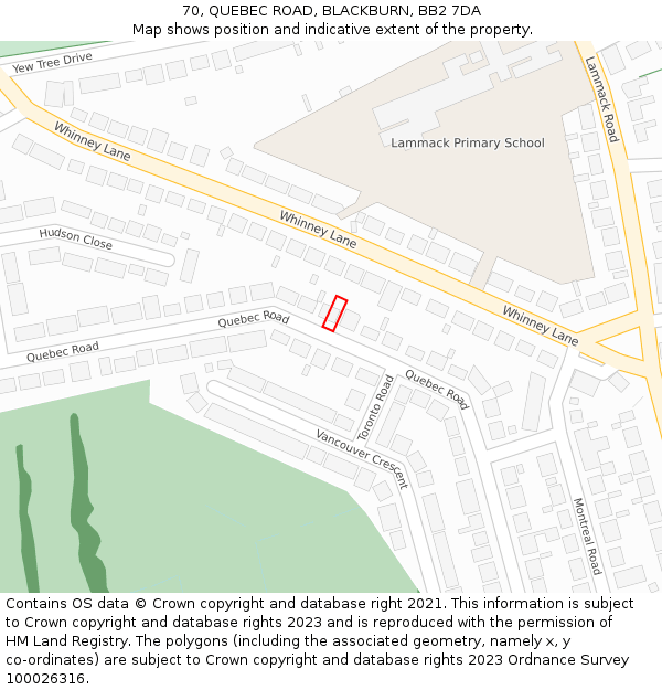 70, QUEBEC ROAD, BLACKBURN, BB2 7DA: Location map and indicative extent of plot