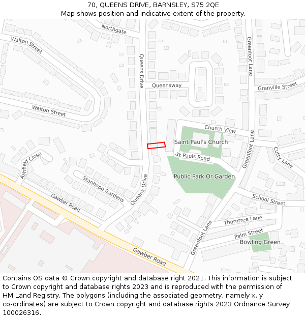 70, QUEENS DRIVE, BARNSLEY, S75 2QE: Location map and indicative extent of plot