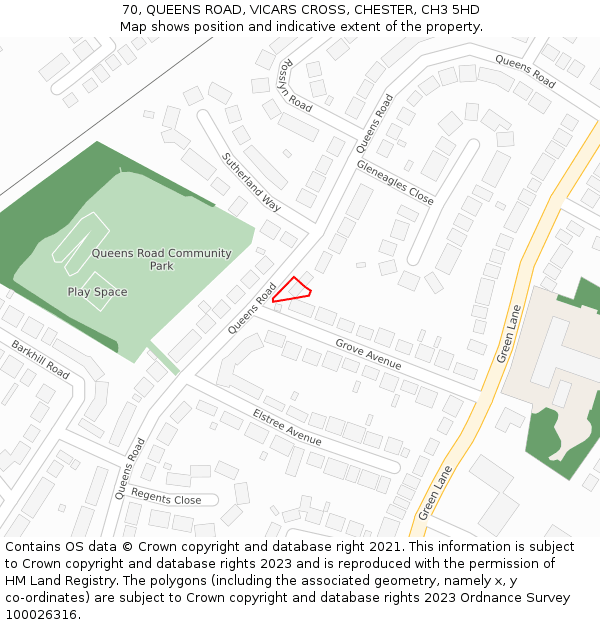 70, QUEENS ROAD, VICARS CROSS, CHESTER, CH3 5HD: Location map and indicative extent of plot