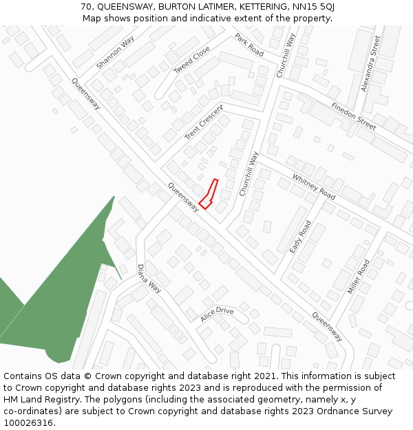 70, QUEENSWAY, BURTON LATIMER, KETTERING, NN15 5QJ: Location map and indicative extent of plot