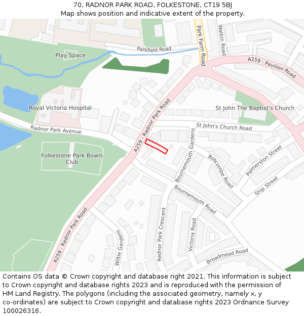 70, RADNOR PARK ROAD, FOLKESTONE, CT19 5BJ: Location map and indicative extent of plot