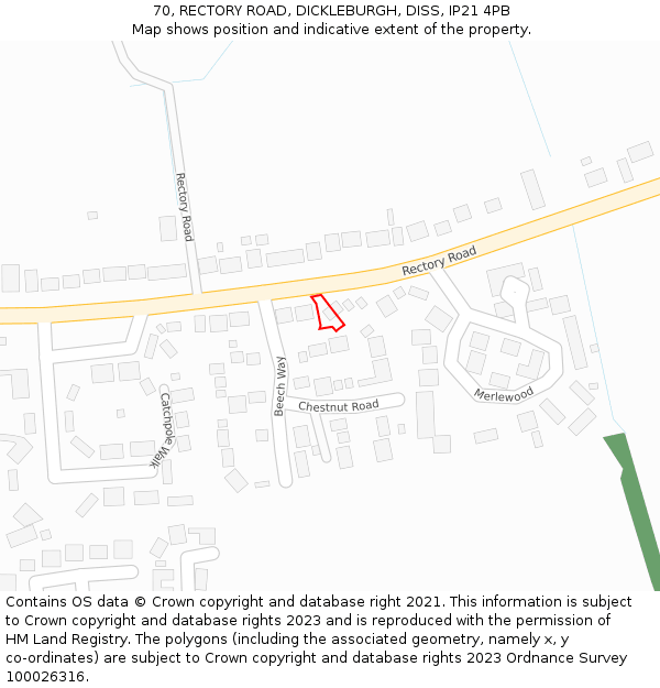 70, RECTORY ROAD, DICKLEBURGH, DISS, IP21 4PB: Location map and indicative extent of plot