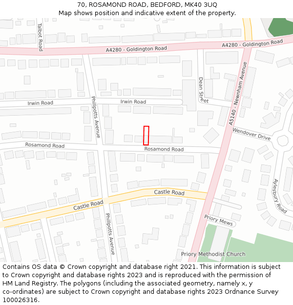 70, ROSAMOND ROAD, BEDFORD, MK40 3UQ: Location map and indicative extent of plot