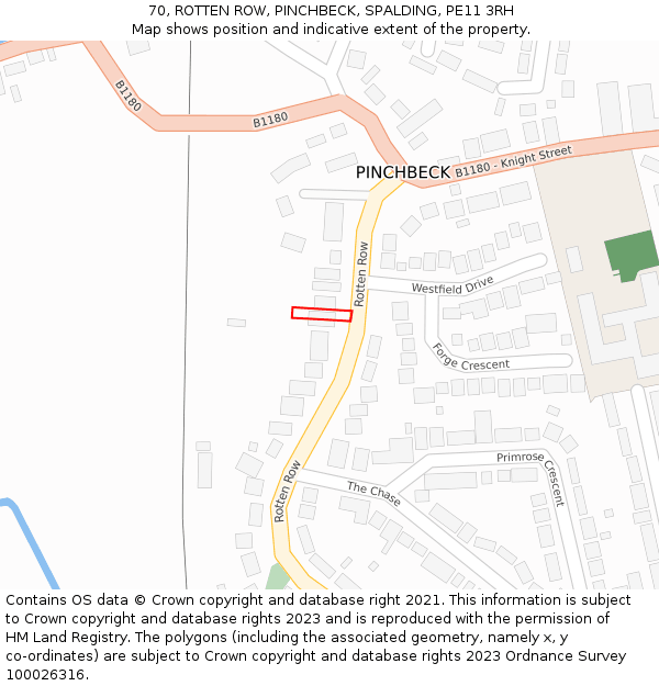 70, ROTTEN ROW, PINCHBECK, SPALDING, PE11 3RH: Location map and indicative extent of plot