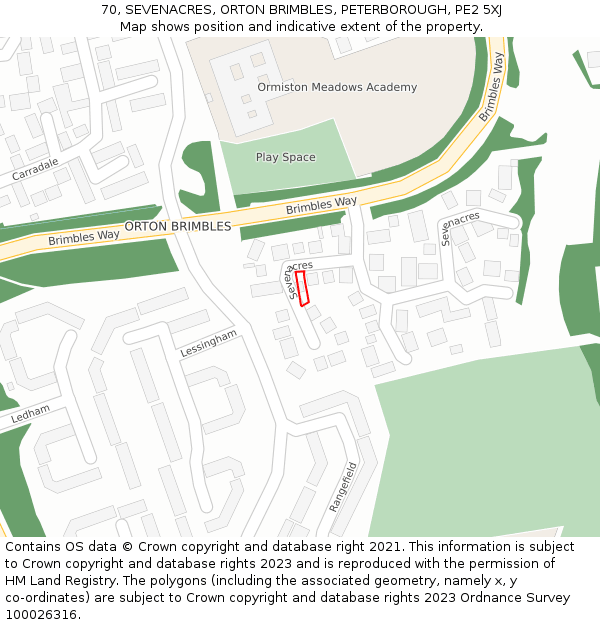 70, SEVENACRES, ORTON BRIMBLES, PETERBOROUGH, PE2 5XJ: Location map and indicative extent of plot