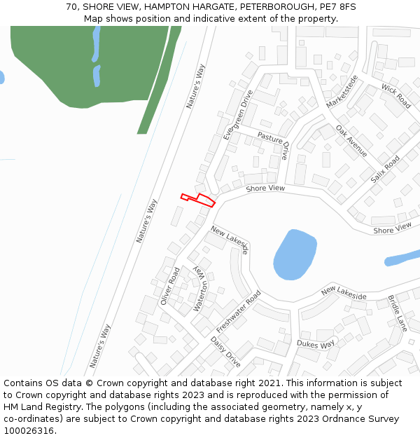 70, SHORE VIEW, HAMPTON HARGATE, PETERBOROUGH, PE7 8FS: Location map and indicative extent of plot