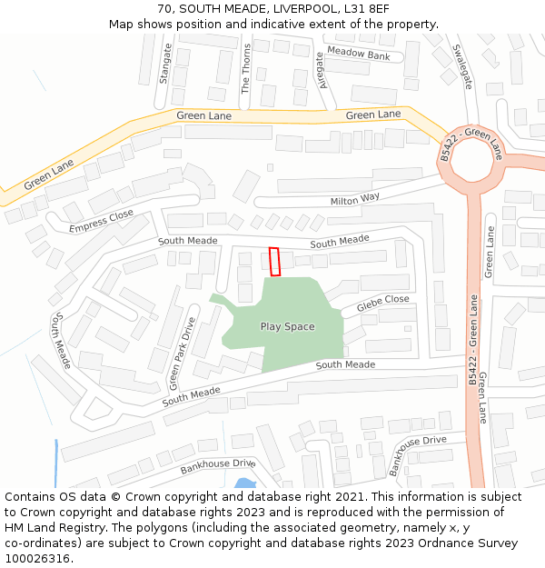 70, SOUTH MEADE, LIVERPOOL, L31 8EF: Location map and indicative extent of plot