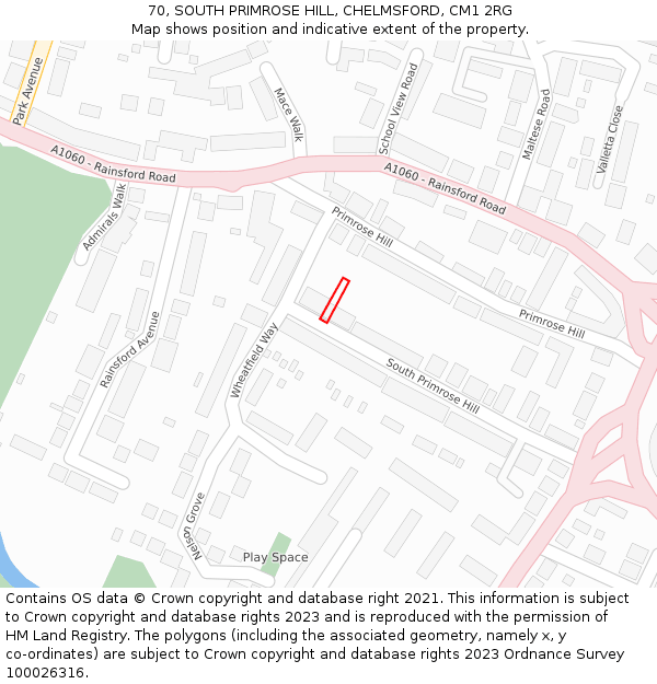 70, SOUTH PRIMROSE HILL, CHELMSFORD, CM1 2RG: Location map and indicative extent of plot