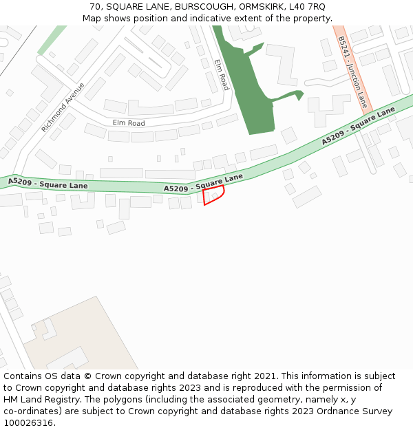 70, SQUARE LANE, BURSCOUGH, ORMSKIRK, L40 7RQ: Location map and indicative extent of plot