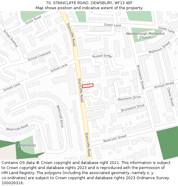 70, STAINCLIFFE ROAD, DEWSBURY, WF13 4EF: Location map and indicative extent of plot
